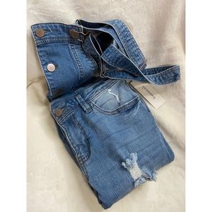 Distressed Blue Denim Overalls.